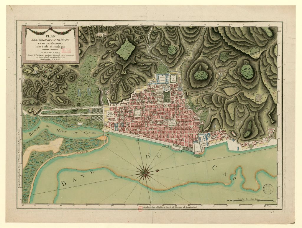 A rendering of the town of Cap Français drawn in 1786. The "plan" includes depictions of the harbor, the town itself with its various public, military, and religious buildings identified, and roads leading out of the town into the colony's interior. 